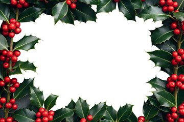 Festive christmas holly leaves and red berries frame with a blank white space in the center, isolated on transparent background