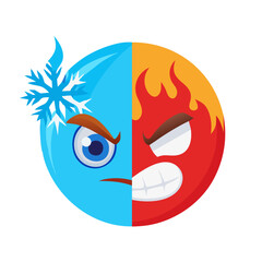 Illustration of a divided emoji with one half cold and the other half hot with angry expressions