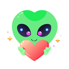 Fototapeta premium A happy green alien with large eyes holds a gradient red heart against a white background and sparkles