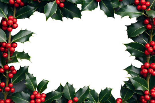 Festive christmas holly leaves and red berries frame with a blank white space in the center, isolated on transparent background