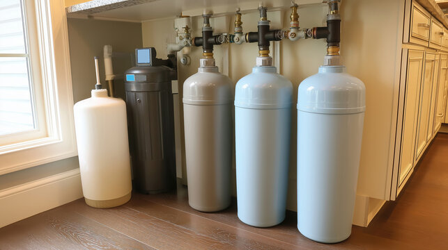 Water filtration system featuring multiple cylindrical tanks and a filtration unit, installed under a kitchen counter, showcasing modern plumbing technology and efficient water purification