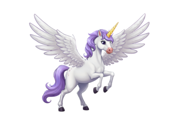 Illustration Of A Winged White Pegasus With Purple Hair And Golden Horn Against Transparent Background