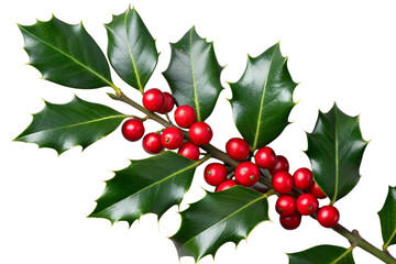 Fototapeta premium A vibrant holly branch with red berries and green leaves isolated on transparent background