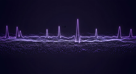 Abstract purple glowing heartbeat line with a digital particle wave.