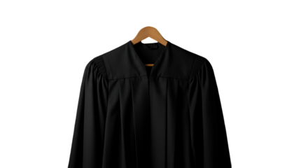 Isolated Black Judge Robe On Wooden Hanger On Transparent Background Photo