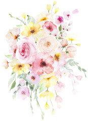 Bouquet with Watercolor pink and yellow flowers and leaves, pastel wedding isolated illustration