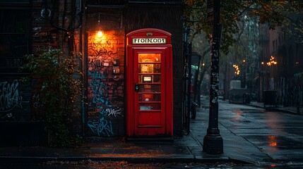Fototapeta premium A vintage payphone booth glows with a mysterious red neon light on a dark, graffiti-covered brick wall in an urban street at night