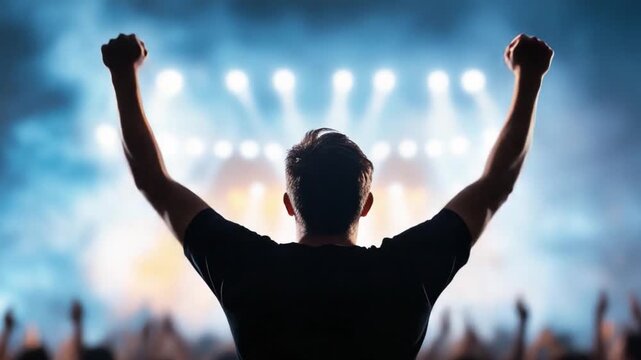 Embracing the spotlight: A silhouette of a man stands before a bright stage, arms raised high in triumphant gesture, conveying a sense of accomplishment.