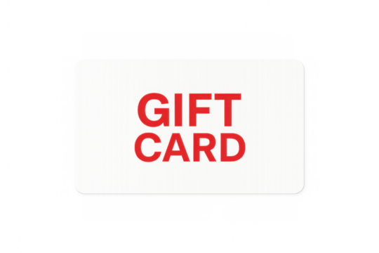 Gift card with red lettering representing shopping and presents, isolated on a transparent background