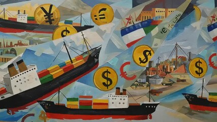 Colorful painting of ships with currency symbols and city - Powered by Adobe