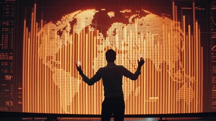 A businessman giant digital globe command center. taps his tablet, bar graphs rise countries world. Data streams animate continents. motion graphics, global finance feel, wide lens, warm corporate 4k - Powered by Adobe