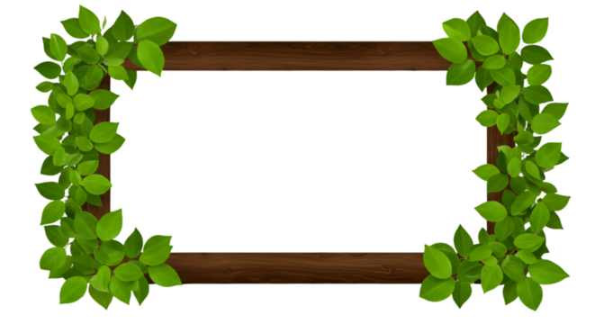 Illustration Of Green Leaves Frame With Wood Texture Isolated On Transparent Background