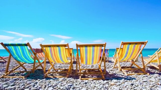 A row of colorful striped deck chairs sits on a pebble beach, facing the turquoise sea under a clear blue sky, inviting relaxation and summer vacation