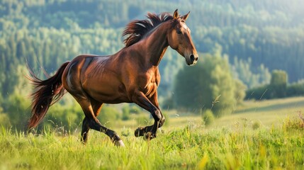 Fototapeta premium Brown horse running in a meadow