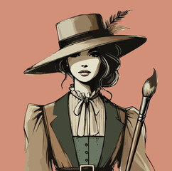 Retro female artist with paintbrush – vector illustration in soft pastel monochrome tones