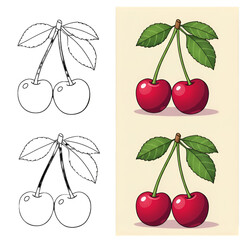 Illustration Of Two Red Cherries With Green Leaves Isolated On Transparent Background