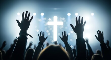Worshipful Congregation Raising Hands in Praise Before Illuminated Christian Cross, Spiritual Gathering, Religious Devotion, Concert Environment