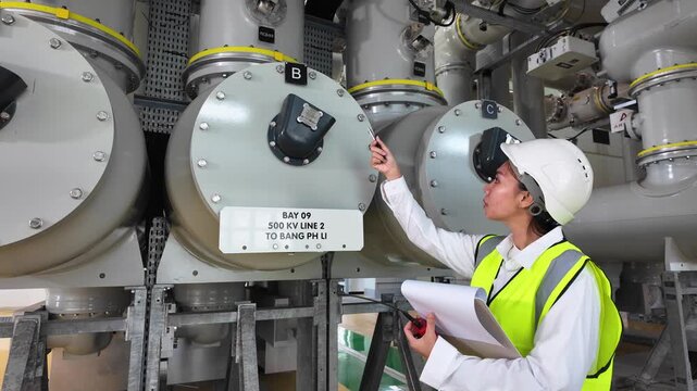Gas insulated switchgear equipment inspection by engineer in safety helmet and vest ensuring industrial equipment maintenance safety and operational efficiency with professional expertise