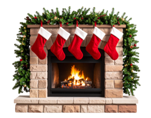  Cozy Brick Christmas Fireplace with Stockings and Garland, isolated on transparent background PNG