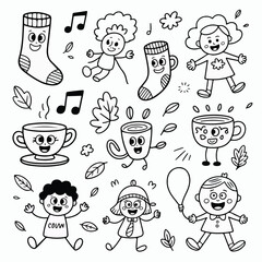 Fototapeta premium Hand-drawn doodle set of funny cartoon icons featuring children, food, and cats perfect for a seamless vector pattern or holiday design illustration