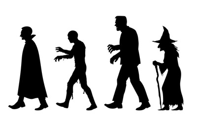 Halloween character silhouettes vector. vampire, mummy, Frankenstein, witch. isolated on white background