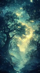 Enchanted Forest Under Starry Sky Trees Silhouette at Night