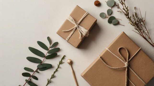 Two brown paper gifts with string bows surrounded by greenery on a white surface top view