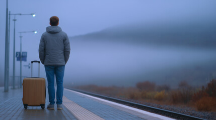 A lonely traveler waiting with a suitcase on an empty platform in foggy weather solitary traveler, foggy platform, train station, emotional mood, travel alone, mist, autumn railway