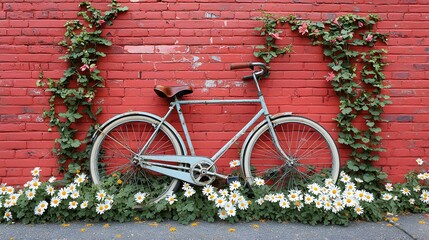A vintage bicycle leans against a vibrant red brick wall covered in ivy, surrounded by a field of blooming white and yellow daisies