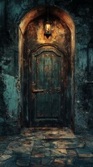 Obraz premium Arched Doorway with Hanging Lantern in Old Stone Building