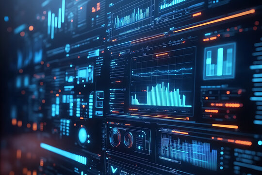 Futuristic digital data display with glowing blue graphs