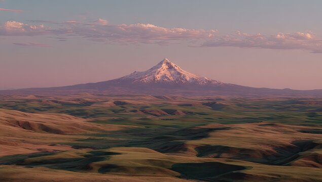 Vast, rolling hills and a snow-capped mountain peak at dawn.