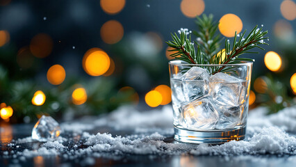 Winter Refreshment: A glass of ice with pine leaves and snowflakes