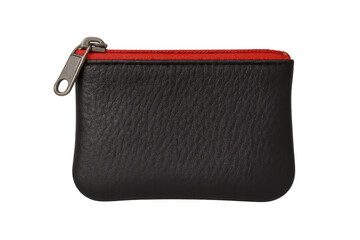 Naklejka premium Small black leather coin purse with red zipper isolated on transparent background, perfect for storing coins or small items