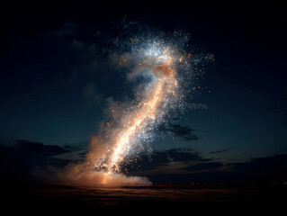 Vertical white fire pillar and blue-yellow curved firework arc, exploding side-by-side, in dark starry sky with distant water reflection - AI-Generated