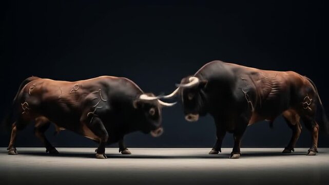 Eye level, Two bulls show aggressive movements in a rodeo scene, showcasing strength and tension. Ideal for sports backgrounds, livestock content, product ads, or masculine-themed footage sets.