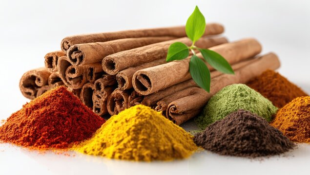 Cinnamon sticks and colorful spice powders arranged on a white surface