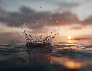 Water splash at sunset over calm water