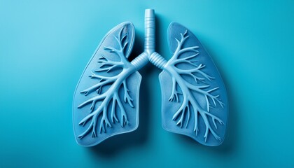 flat lay of blue inflamed lungs on cyan background for asthma awareness and pulmonary disease concept