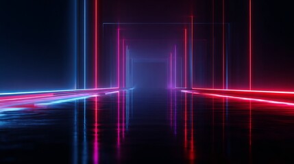 3D render, abstract background with neon glowing lines on black. Abstract wallpaper of a light path in a dark room. Shiny, futuristic glowing elements. Digital illustration. Red, blue, pink.