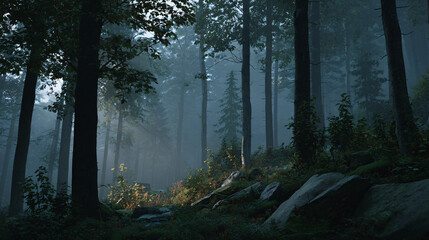 Fototapeta premium Tranquil Morning Light Filtering Through Foggy Forest