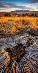 A golden sunset over a landscape with a weathered tree stump.