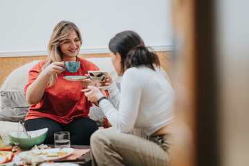 Two female friends share a joyful moment over coffee at home, enjoying meaningful conversation and...