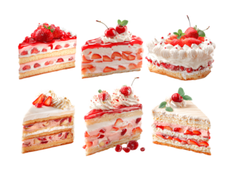 set of six strawberry cheesecake slices with different toppings and shapes isolated on a transparent background