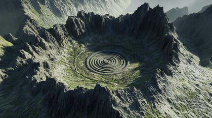 Top down view of concentric Green Circles in peaky mountain range
