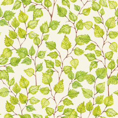 Birch twigs seamless pattern. Bright green foliage backgroung. Fresh spring design. Hand drawn with watercolor. Spring leaves repeat tile for textile, fabric, wallpaper, packaging