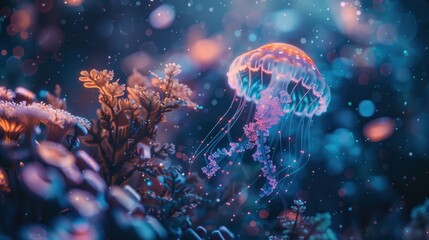 Glowing jellyfish coral reef