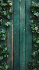 Fototapeta premium Green Wooden Fence with Ivy Leaves Background