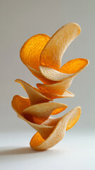 Stack of thin potato chips floating in mid air against minimal background