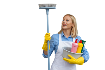 Enthusiastic Cleaner with Colorful Cleaning Supplies Smiling
